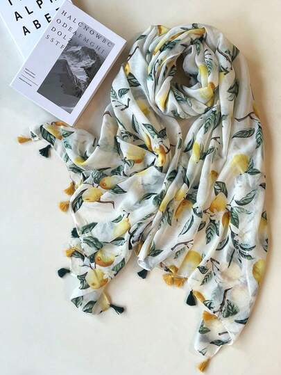 1条波西米亚柠檬印花百搭时尚围巾，独特甜美度假拍照道具，海滩旅行异域风情礼物，适合情人节、秋冬季节。