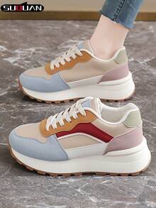 2026 New Colorblock Platform Chunky Sneakers For Women, Increased Height, Soft Bottom, Breathable Casual Shoes, Versatile, Comfortable, Retro Style, Lightweight Non-Slip, Student, Korean Fashion, Spring/Autumn - Baby Blue - View 10