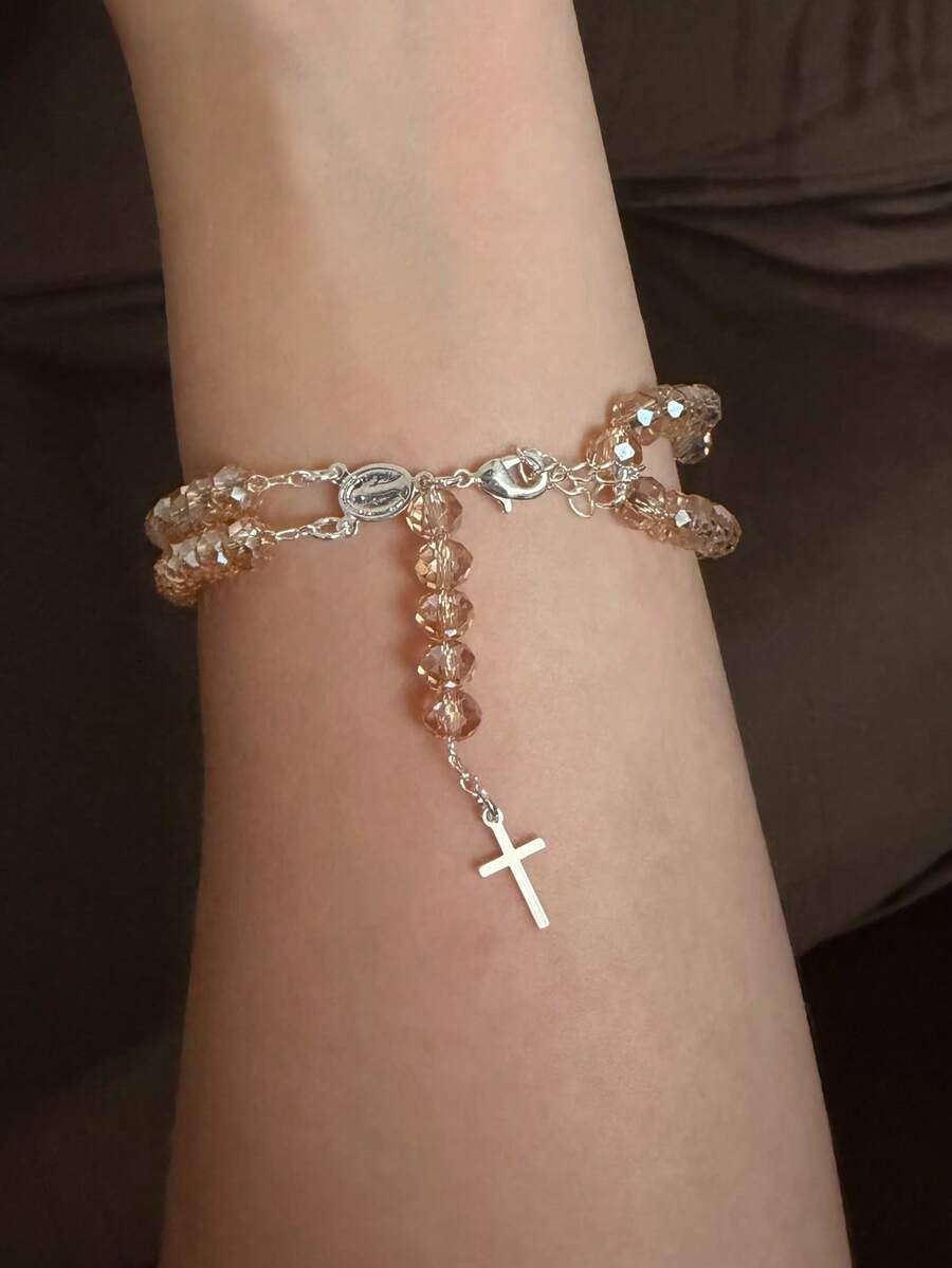 Double Rosary Bracelet Gold Plated - Champagne/Silver - View 1