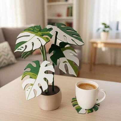 Sottobicchieri a forma di foglia, bonsai di Monstera Deliciosa variegata, decorazioni da scrivania in stile tropicale, assemblaggio fai-da-te, un regalo unico per gli amanti delle piante