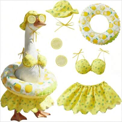 23-Inch Cement & Plastic Lawn Goose Decor Set, Summer Balcony Goose Decoration Set, Includes Lemon Bikini, Inflatable Swimming Ring, Sun Hat And Glasses, Cute Beach-Themed Outdoor Yard Decoration