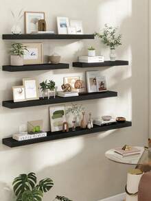 1 Set Wall-Mounted Storage Rack, Rustic Oak Wood Grain Long Shelf Set, Suitable For Living Room, Bathroom, Laundry Room, Bedroom, Kitchen, Home Office - Black - View 6