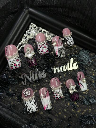 10pcs Handmade Fully Covered Square Nails Acrylic Kit, White Nails, White&Purple French Nails, Hand Drawn Geometric Patterns Such As Black Zebra Stripes&Leopard Spots&Rose Red Spots, 3D Silver Metal Chains&Hollowed Out Stars&Heart-Shaped Diamonds&Star Diamonds And Other Nail Accessories, Y2K Sweet And Cool Spicy Girl Style, Very Suitable For Women And Girls To Parties&Ceremonies And Every Day&Wedding&Party& Other Festivals Use(Includes:A Piece Of Jelly Glue And A Friction Strip) Nail Supplies