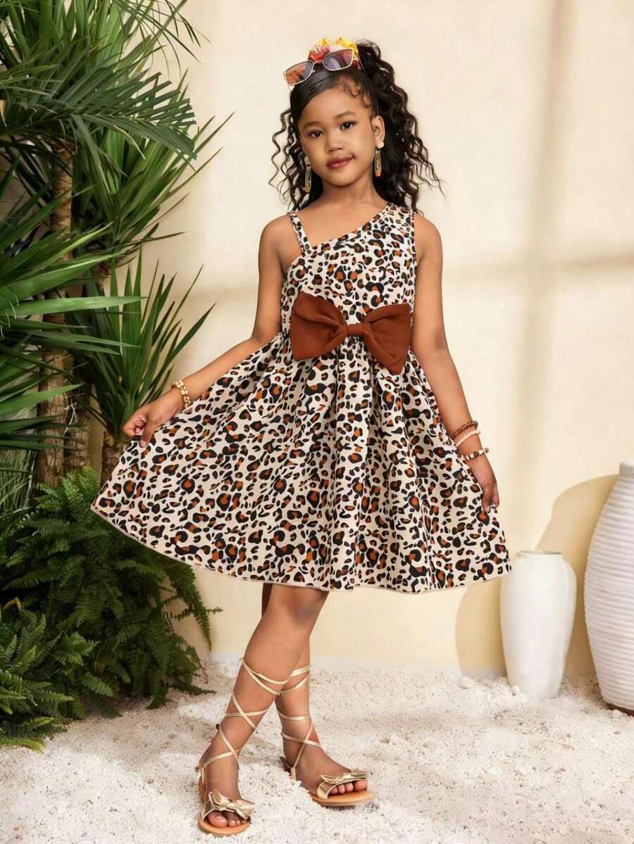 Đầm trễ vai họa tiết da báo có nơ ở eo dành cho bé gái, đầm hè thời trang cho bé gái. - Màu nâu  Mocha - Xem 1