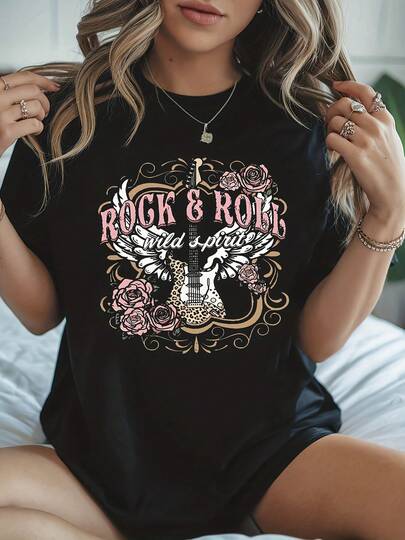 Camiseta de mujer de cuello redondo para primavera y verano con temática de festival, con un diseño casual y estampado de guitarra eléctrica de rock & roll.