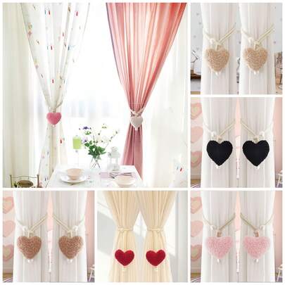 2pcs/1pc 3D Plush Heart & Pearl Window Curtain Tie Backs, Room Decor Mosquito Net Binding Rope, Door/Coffee/Shading Curtain Tie Bands