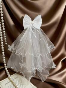 1pc Girls Double-Layer Tulle Bow Headband, Wedding Bridesmaid Birthday Party Hair Accessory - Multicolor - View 4