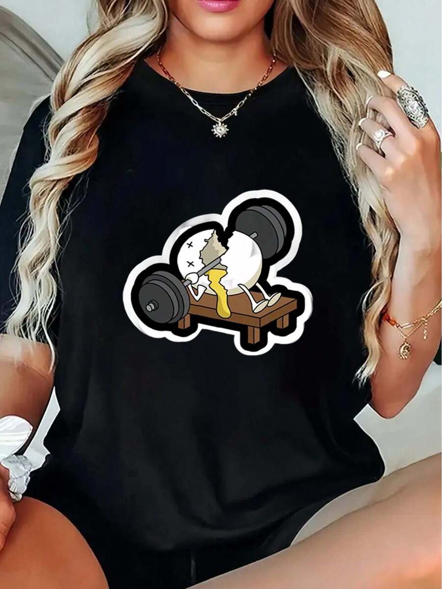 1pc blusas de mujer blusas bonitas para mujeres blusas elegantes para mujer ropa de mujer conjuntos para mujer Camiseta de algodón en blanco y negro de 180 g con dise?o de huevo haciendo pesas estampado de alta calidad en algodón cuello redondo corte básico holgado para hombre y mujer transpirable versátil lavable a máquina cómoda talla S ~ 3XL diaria casual deportiva imprescindible para el verano - Negro - Ver 1