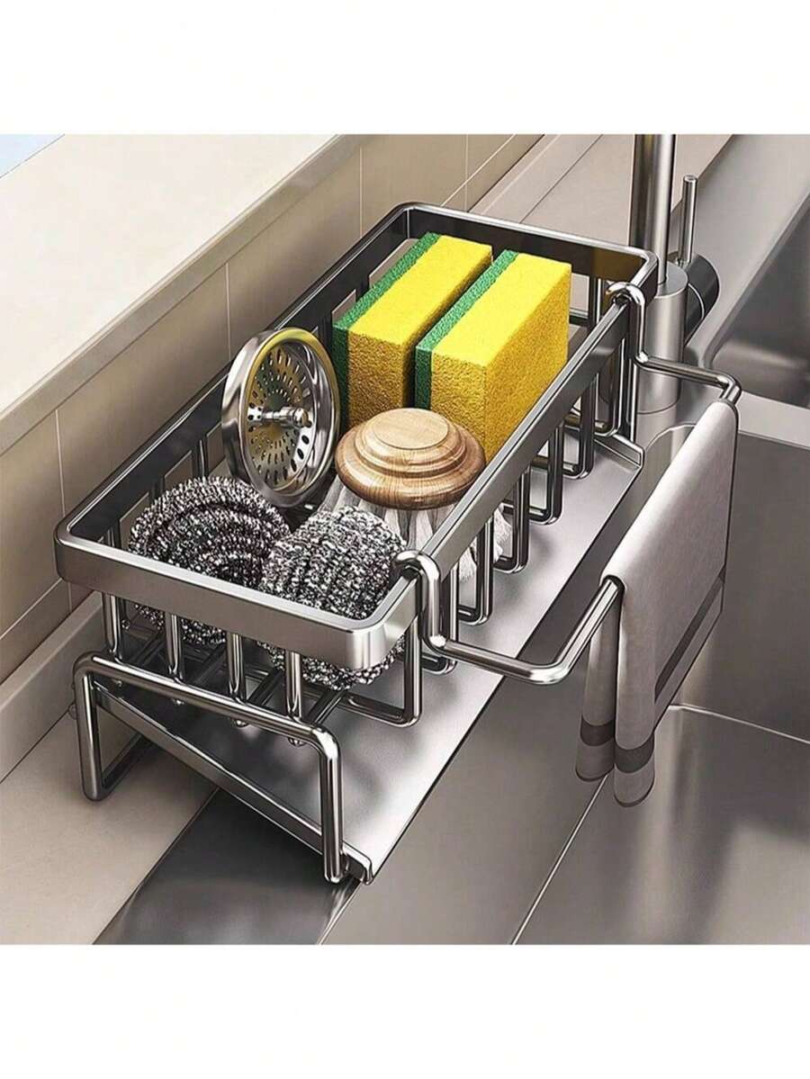 1pc Multifunctional Sink Drain Rack, Dishwashing Liquid Sponge Cloth Rack, Kitchen Utensil Draining Rack, Upgraded Carbon Steel Kitchen Rack, Sink Wipe Cloth And Carbon Steel Faucet Wipe Cloth, Cleaning Scouring Pad Holder, Carbon Steel Material, Kitchen Storage Rack, Easter Gift, Mother's Day Gift