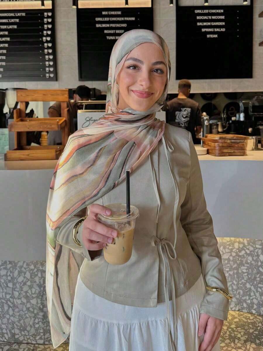 1pc Women's Bohemian Style Colorful Striped Print Hijab, Soft And Windproof Scarf/Shawl Spring/Summer Street Style, Versatile Accessory - Lạc đà đen - Xem 1