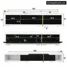 Modern TV Unit, Variable Length (140 - 260 Cm) With Rotating Function, White Marble Texture, Matte Black Finish, Gold Finish. - Black - View 3