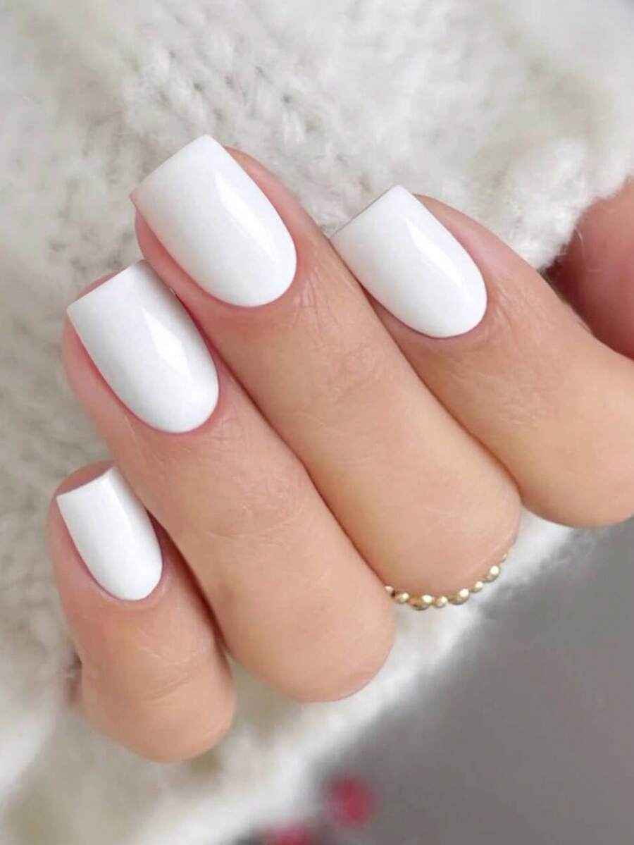 24片短方形全覆盖纯色假指甲（女士/女孩适用），瞬间提升您的美甲造型 - 白色 - 查看 1