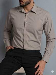 Men's Long Sleeve Slim Dress Shirt In Microfiber Fabric - Khaki - View 1