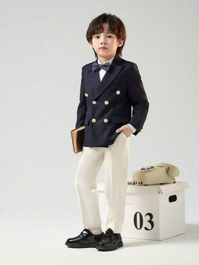 男童三件套西装，新款花童婚礼正式礼服，演出服，包含西装外套、裤子和领结。