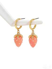 Cute Pink Strawberry Drop Earrings For Women, Golden Hoop With Faux ImitationPearl Strawberry Dangle Earrings, Sweet Fruit Jewelry - Multicolor - View 8