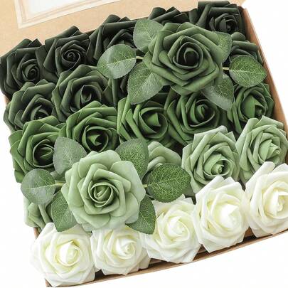 5/10/15/20/25/30pcs Artificial Green Foam Rose Flowers With Stems, Suitable For DIY Wedding Bouquets, Bridal Shower Decor, Olive Green Floral Decor, Home Decor (OPP Bag Packaging, No Box)