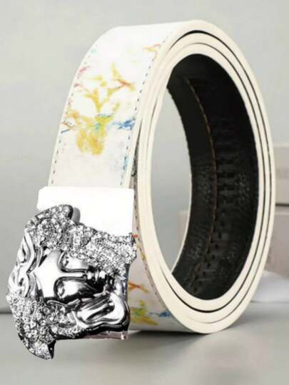 Rhinestone Decor Men's Letter Print Automatic Buckle Belt, Famous Designer Brand Men's Belt, Ideal Holiday Gift Choice For Family And Friends