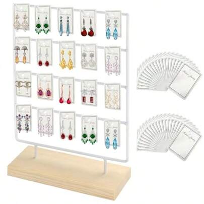 Earring Display Stand For Selling Wood Earring Rack Display Holder Stand 4 Tier 20 Hooks Jewelry Display For Selling With 40pcs Earring Cards Bracelets Rings Necklaces