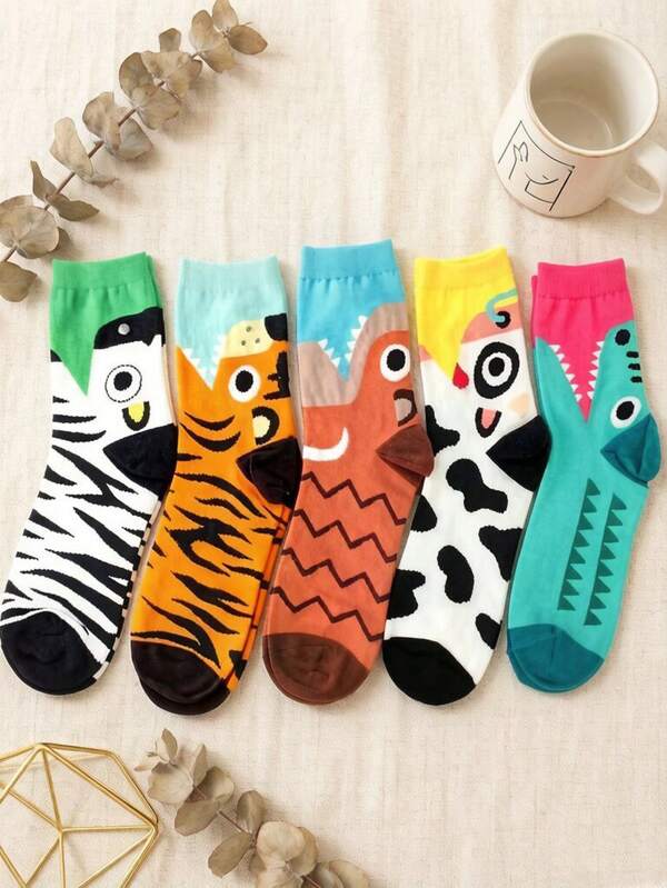 5 Pairs Women's Funny Creative Cartoon Animal Contrast Color Pattern Mid-Calf Socks, Soft Comfortable Breathable All Season, Fashionable Sporty Casual Suitable For Adults/Students Outdoor Daily Wear