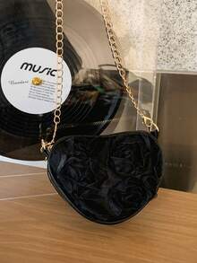 新款独特小众玫瑰蕾丝晚宴包，时尚别致斜挎包，简约单隔层包 - 黑色 - 查看 7