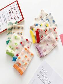 5/10 Pairs Random Women Spring/Summer Ultra-Thin Floral, Fruit, Animal, Crystal Patterned Sheer Socks, Cartoon/Anime Inspired, - Multicolor - View 1