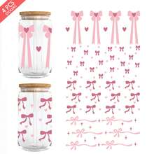 4pcs/Set 16oz Glass Cup Wrap UV DTF Transfer Sticker (9.4x4.3in) No Heat Needed, Pink Bow Ribbon Aesthetic, Cherry Heart Leopard Print Minimalist Floral Decal, Waterproof Rub On Sticker For Libbey Can Tumbler DIY Craft Gift For Women Girls - Bow 04 - View 12