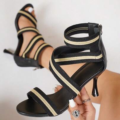 New Striped Criss-Cross Strap Stiletto Sandals For Women | Classic Black And Brown Striped Woven Strap Design, Vintage And Layered, Criss-Cross Strap Fits Foot Comfortably, Side Zipper For Easy On And Off, Elegant Stiletto Silhouette Elongates Legs. Suitable For Pairing With Mini Skirts, Suits, Or Vacation Dresses, Easily Elevates Outfits With A Retro Chic Vibe, Perfect For Daily Wear Or Dates.