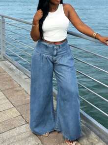 Women's Y2K Streetwear Wide Leg Jeans | Front Pleated Loose Fit Mid-Waist Casual Pants Suitable For Daily And Party Wear - Light Wash - View 4