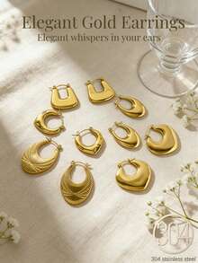 A Set Of 10 Elegant Gold-Tone Earrings Made Of 18K Gold-Plated Stainless Steel-The Perfect Stud Earrings For Women's Everyday Wear - 10Pcs - View 3