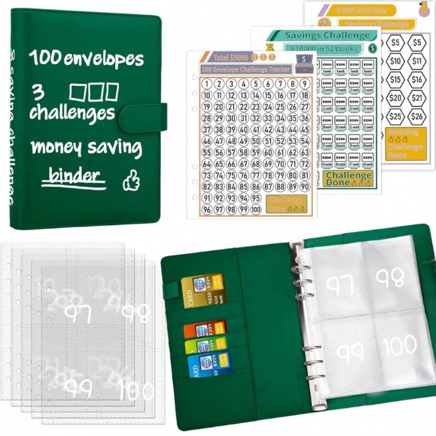 1本100个信封的省钱挑战活页夹，A5预算活页夹，内含现金信封，储蓄挑战手册，可设定500美元、5050美元或10000美元的储蓄目标，用于预算规划和储蓄。 - 深綠色 - 查看 1