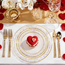 1/12/25/50pcs European Style Luxury High-End Transparent Hammered Double Gold Rim Plates, Elegant Western Plates & Dessert Plates, Suitable For Weddings, Parties, Birthdays, Afternoon Tea, Family Gatherings, Hotels, Festivals, Reusable Tableware - Gold - View 3