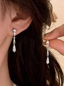 1 Pair Elegant Luxury Fashion Versatile Silver Water Drop Earrings, Suitable For Women's Daily And Holiday Wear - Silver - View 1