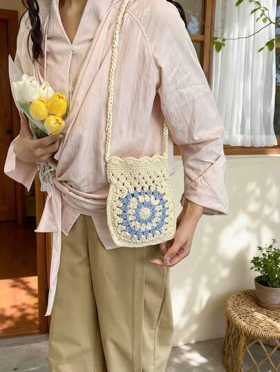 Túi đựng điện thoại móc thủ công kiểu bà ngoại kẻ caro, túi đeo vai/đeo chéo phong cách Mori nghệ thuật, thời trang Hàn Quốc/Nhật Bản độc đáo dành cho nữ, mùa xuân/hè.