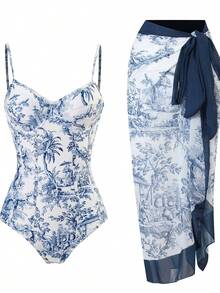 European & American Style Conservative Tummy Control Flattering Swimsuit, Vintage French Style One-Piece Swimwear With Skirt, Fits All Sizes Summer Vacation Beach - Baby Blue - View 9