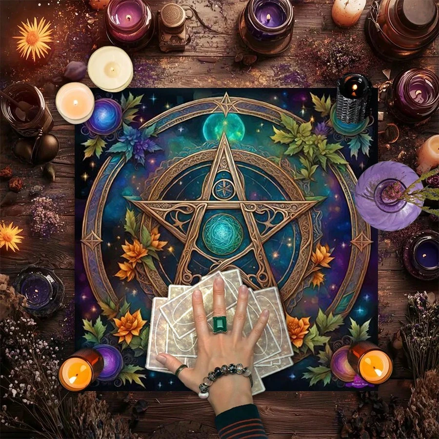 1件套迷人复古花卉日月图案塔罗牌桌布 - 优雅神秘的十二星座塔罗牌桌布，色彩鲜艳的涤纶材质，饰有星空和花卉图案，适用于塔罗牌解读、巫术和占星术，也可作为波西米亚风塔罗牌桌布或游戏垫，家居装饰 - 彩色 - 查看 1