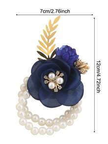 1件优雅藏蓝色玫瑰韩式花卉金叶弹力珍珠腕花，新娘伴娘婚礼配饰，高端派对舞会情人节活动腕部装饰，夏季，海滩 - 藏蓝色 - 查看 7