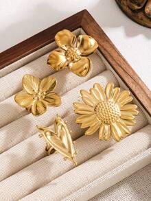 11pcs/7pcs/4pcs/1pc Stainless Steel Exaggerated Open Ring, Sunflower Multi-Element Various Designs, 18K Gold Plated, High-End Rings For Daily Wear And Holiday Gifts - Yellow Gold - View 9