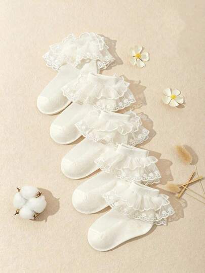 5 Pairs Solid Color Lace Trim Double Layer Princess Dance Socks For Kids & Toddlers