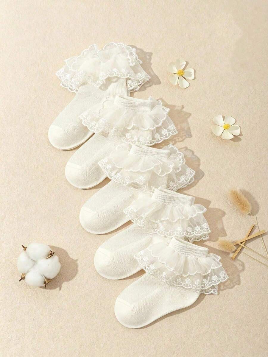 5 Pairs Solid Color Cotton Lace Trim Double Layer Princess Ballet Dance Socks For Kids & Toddlers - Champagne - View 1