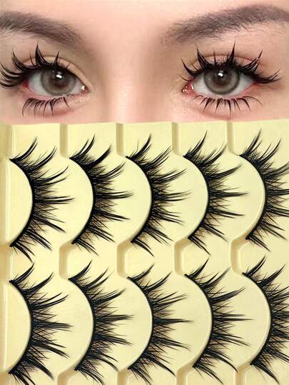 5 Pairs Manga Anime Lashes 10-15mm Natural Look Faux Mink Wispy Fluffy 3D Volume Eyelashes Korean Japanese Asian Cosplay Eyelashes, Music Festivals, Wedding Season