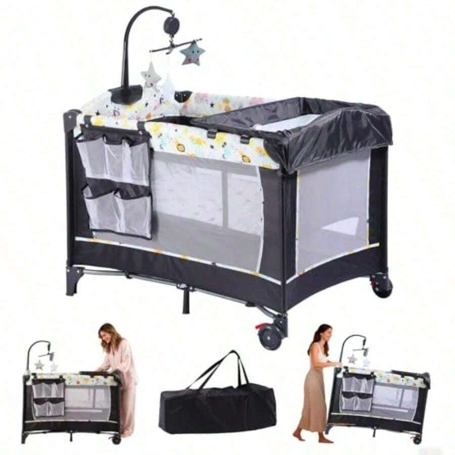 Cuna para Bebe Portátil Tipo Corral Cuna con Colecho Cama y Cambiador Viajera Plegable con Bolsa 2 Ruedas Laterales Organizador y Área Inferior Cerrada para Juego y Descanso - Negro1 - Ver 1