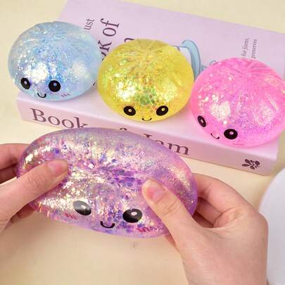 1pc Colorful Smiling Face Realistic Steamer Bun Squishy Toy, Squeeze Away Bad Mood, Glitter Dumpling Squishy Box, Malt Sugar Bun Squeeze Toy