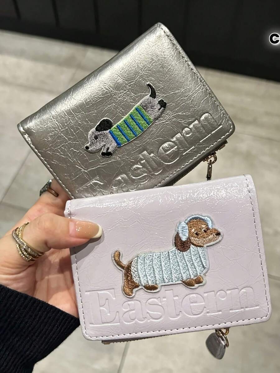 1 PC Fashionable Cartoon Embroidery Wallet, Multifunctional With Multiple Card Slots, Solid Color Cute Card Bag