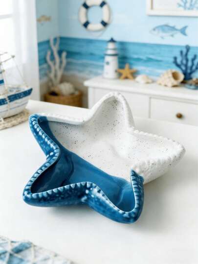 1 Khay trang sức bằng gốm sứ trang trí, hình vỏ sò và sao biển, khay đựng nhẫn và bông tai bằng gốm sứ, đĩa trang trí chủ đề đại dương, thích hợp để đựng nhẫn, bông tai, dây chuyền, vòng tay, đồng hồ, chìa khóa, trang trí nhà cửa trong phòng tắm, phòng ngủ, văn phòng.