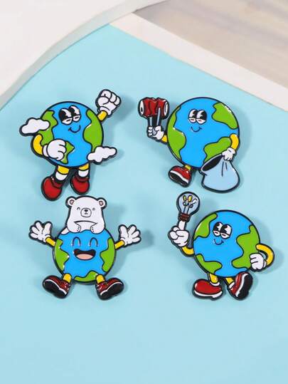 4pcs Creative Cartoon Earth Enamel Brooch, Cute Earth People Zinc Alloy Oil Drop Craft Cross-Border Funny Pin Decorations