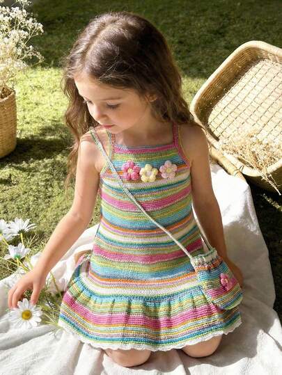 Girls Hollow Out Knitted Rainbow Design Dress, Girls Casual Dress With Bag Design, 3D Floral Outdoor Daily Wear, Spring/Summer/Autumn