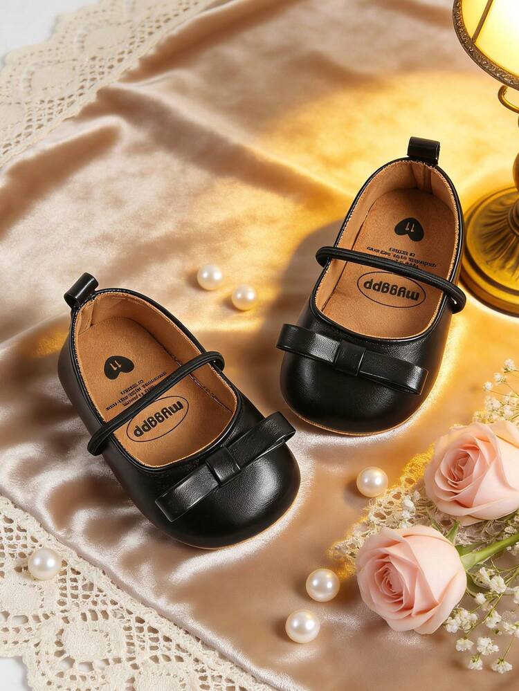 Newborn Infant Girls' Black Bow Mary Jane Flat Shoes, Soft Non-Slip Infant Toddler Shoes, Elegant Princess Style Newborn Infant Wedding Photography Shoes - Black - View 8
