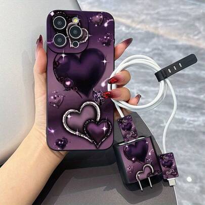 4 件装透明 TPU 彩色爱心图案充电线保护套 + 配套磨砂手机壳，兼容 20W 快充/ 17/17 Pro/17 Pro Max/17 Air