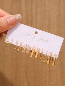 12/24/48pcs Luxury Retro Geometric Hoop Earrings Set, Soft Faux Pearl Large Hoop Design, Unique Attractive Style, Comfortable & Versatile - Gold - View 4