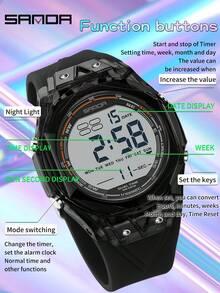 SANDA Đồng hồ điện tử chống nước đa chức năng 6289 dành cho nam, đồng hồ báo thức LED phát sáng, đồng hồ bấm giờ kỹ thuật số đeo tay. - Đen và trắng - Xem 4